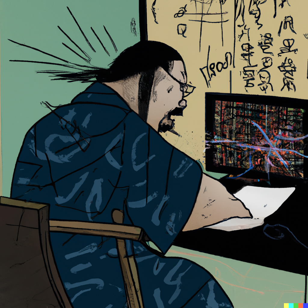 Dall-E, prompt: an ukiyo-e painting of a very busy software developer